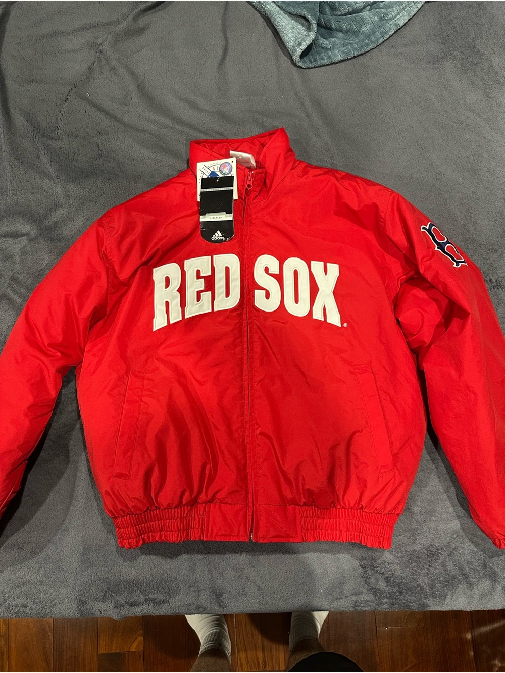 Vintage Adidas Red Team zip-up puffer Jacket with White Lettering
